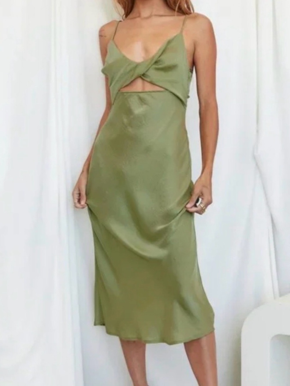 12th Tribe Olive Slip Midi Dress with Front Twist Cutout